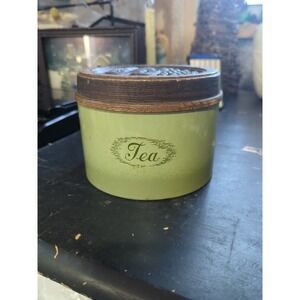Retro 70's Cheico Tea Canister W/Wood Look Top Metal Products Avocado Green